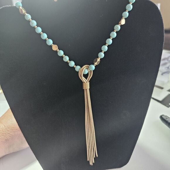 Gold Tone Long Necklace With Turquoise And Tassel Pendant 40 To 43" - Picture 4 of 13